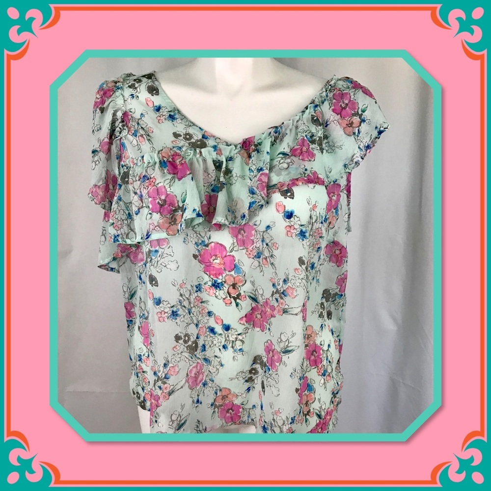 Flirty feminine sheer floral top with ruffles